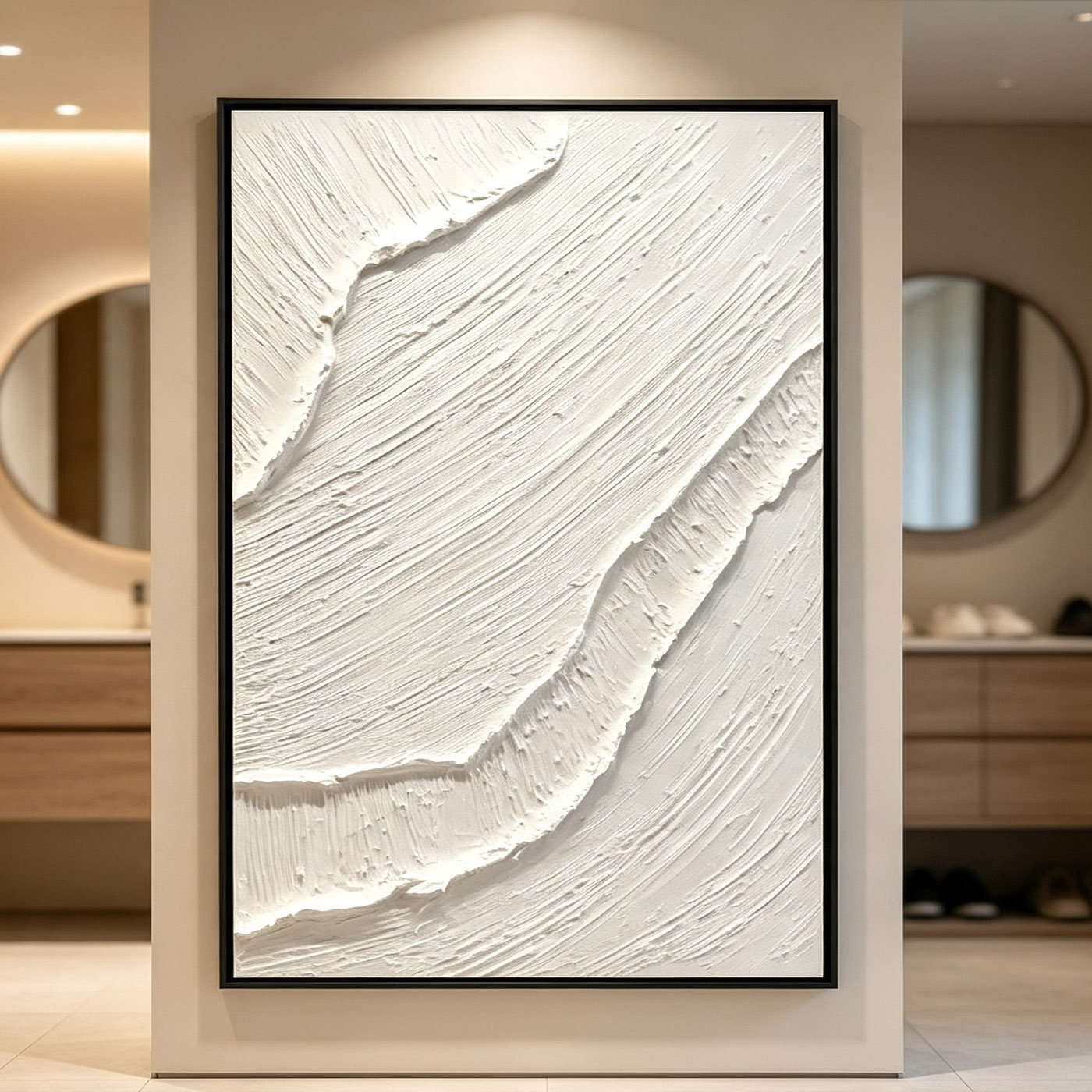 Abstract Oil Painting - 手描きの白い3D厚塗り抽象油絵 ミニマリストの波型キャンバスウォールアート 細額縁のホームデコレーション