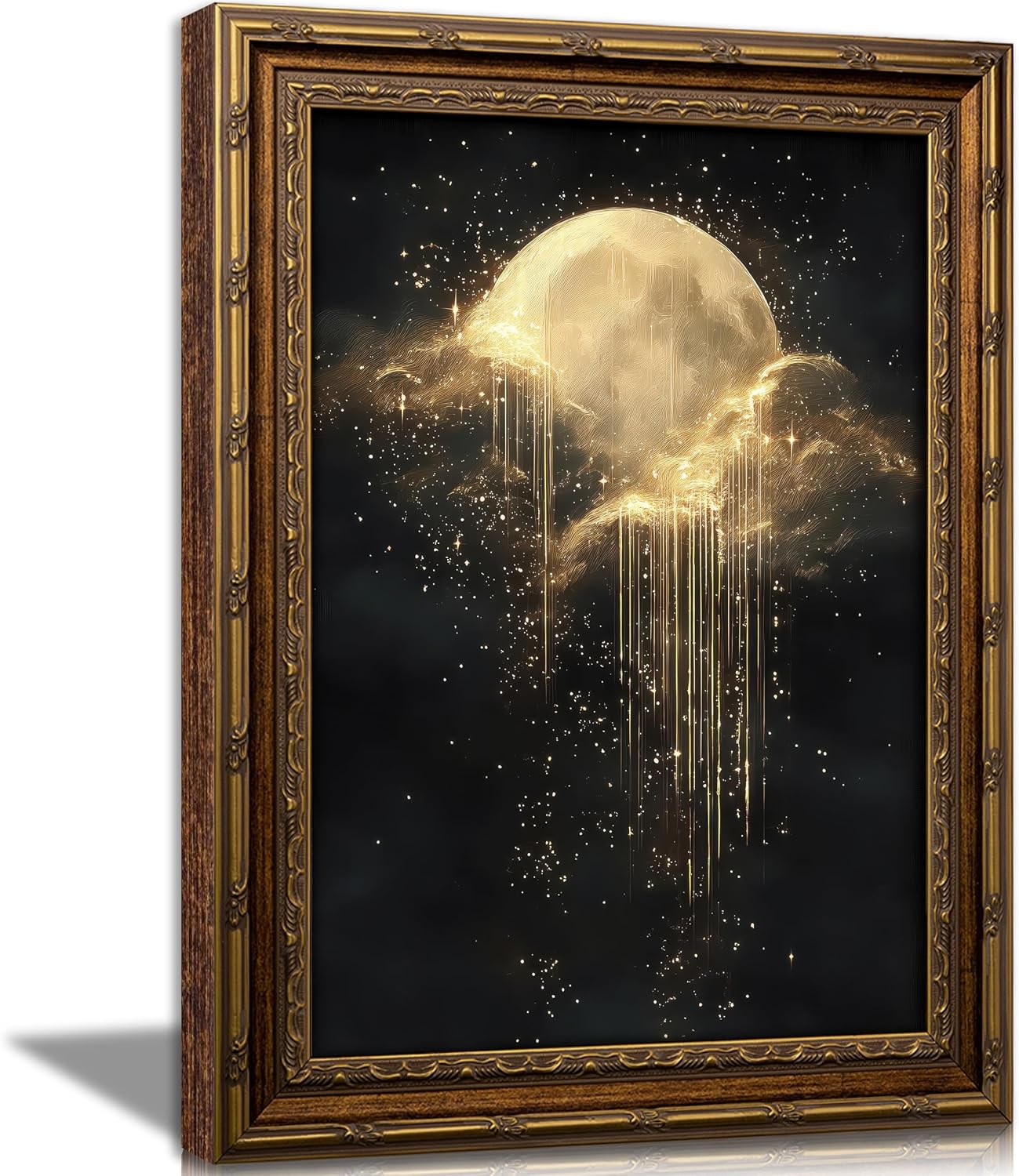 Abstract Oil Painting - アンティークフレームの天体キャンバスウォールアート、金色の月と星空のキャンバス絵画、レトロなダークスタイルの寝室の壁飾り