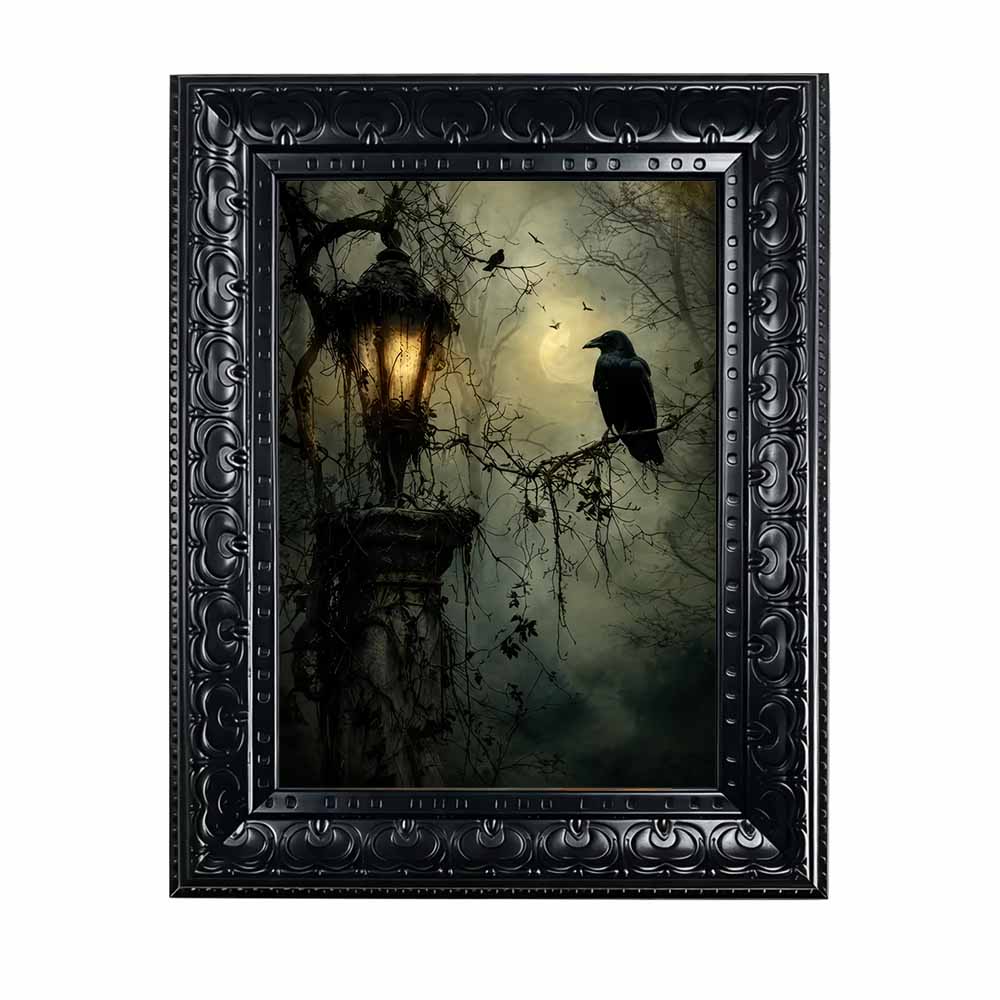 Abstract Oil Painting - ハロウィンウォールアート、フレーム付きキャンバスウォールアート、ゴシッククロウヴィンテージランタンプリント、ダークアカデミア、スプーキーモーディホームデコレーション用
