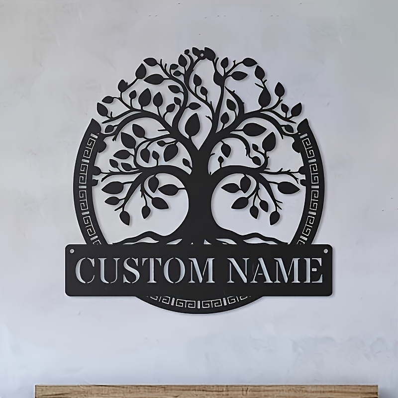 Home Decor Names - 生命の樹のカスタムメタルウォールアート。 パーソナライズされた家族名サイン。 再利用可能な幾何学模様。 丸い金属製の家の装飾品