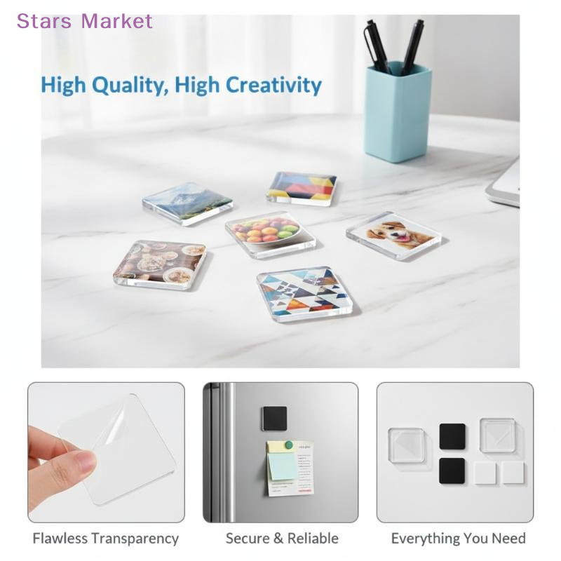 Home Decor Design - 5セット DIY 透明アクリルマグネットセット 正方形・円形 写真用冷蔵庫マグネット ホームデコレーション