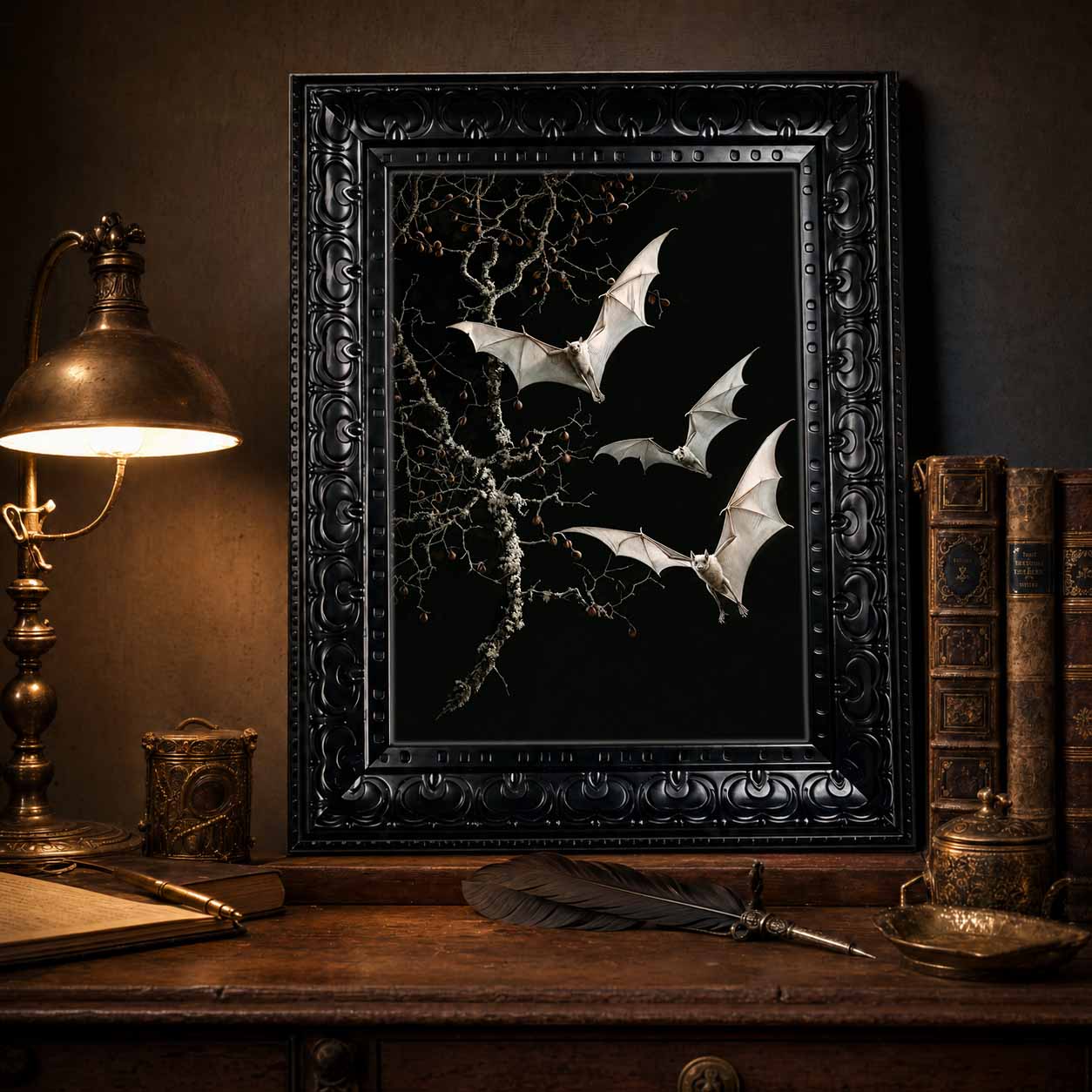 Abstract Oil Painting - ハロウィンウォールアート ゴシックダークアカデミア バット装飾 フレーム付きキャンバスウォールアート リビングルーム 寝室