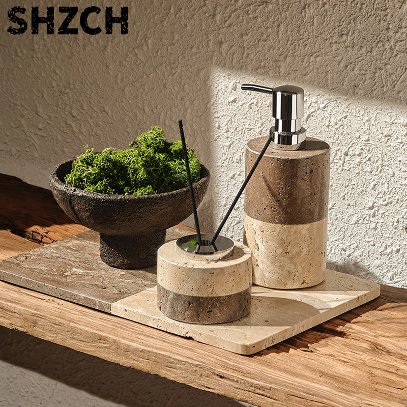 Vanity Home Decor - トラバーチン製バスルームローションディスペンサーセット、洗面台用ストーン収納トレイ、ヴィンテージガラスボトル装飾、美しい家のアクセント