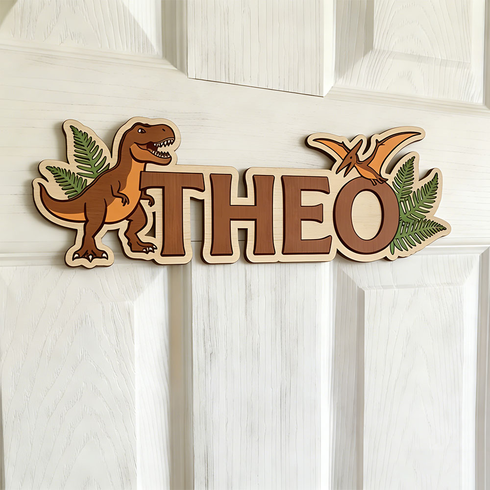 Home Decor Names - 愛する赤ちゃんのためのパーソナライズされた恐竜の名前入りサイン、ティラノサウルスとプテロダクティルをあしらった木製保育園装飾、かわいい子供用ドア飾り、赤ちゃん用