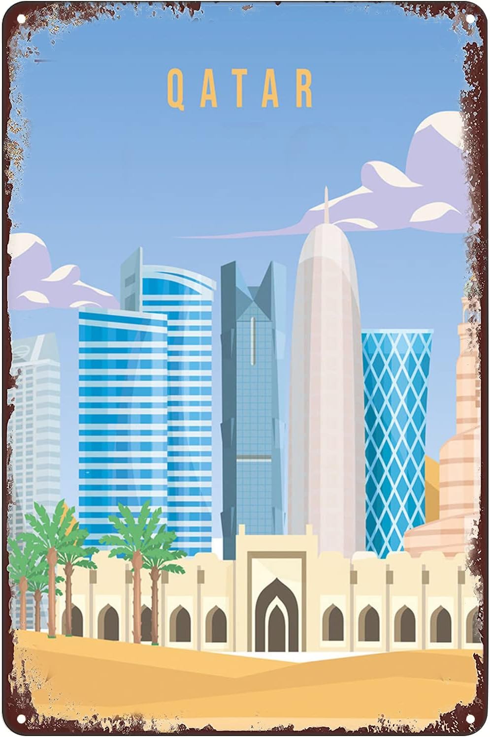Home Decor Qatar - ヴィンテージメタルティンサイン - カタール・ドーハ旅行ポスター ランドマークサイン 壁飾り装飾プレート ホームバー