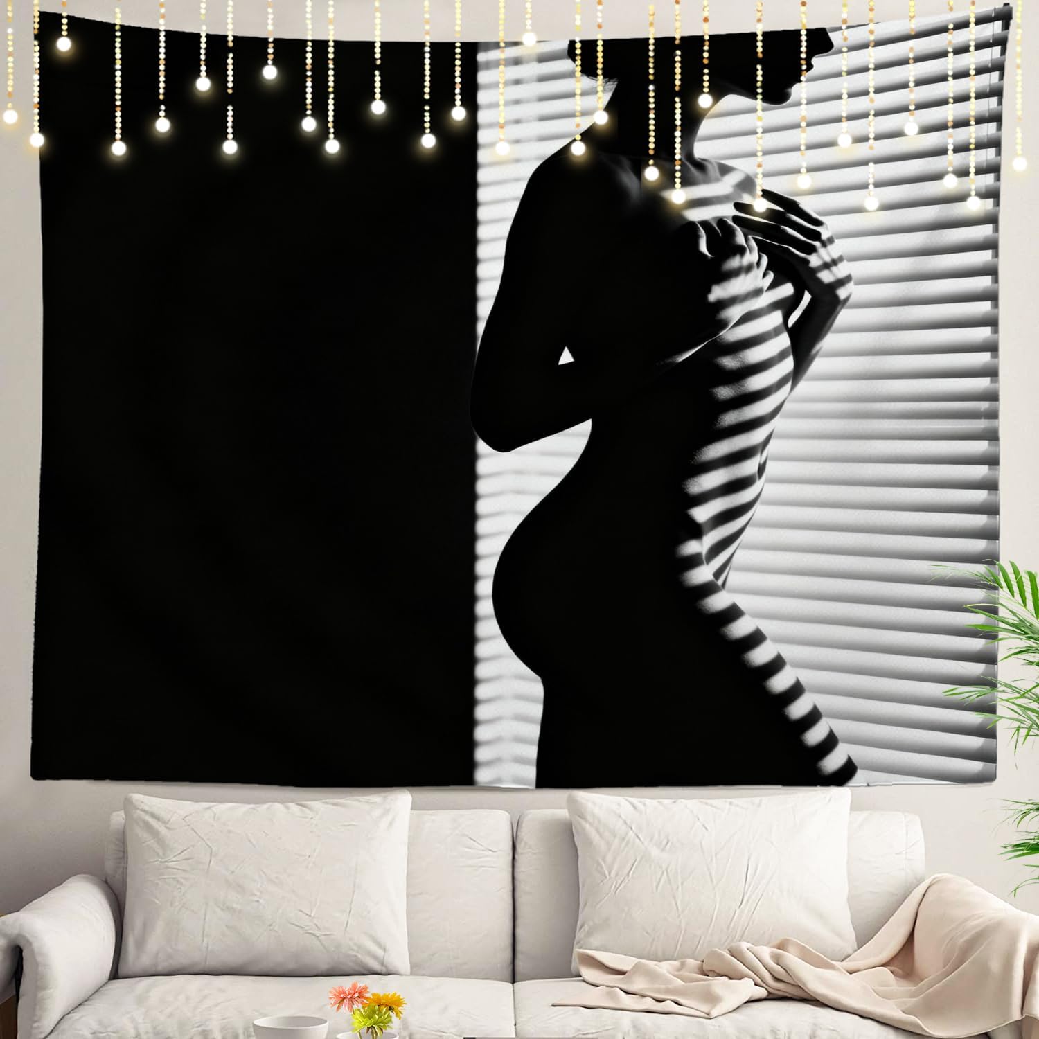 Fairy Lights Bedroom - 抽象的な女性のシルエットタペストリー壁飾りボヘミアンシックな寝室リビングルームアートプリントフェアリーライト美的な家の装飾ギフト