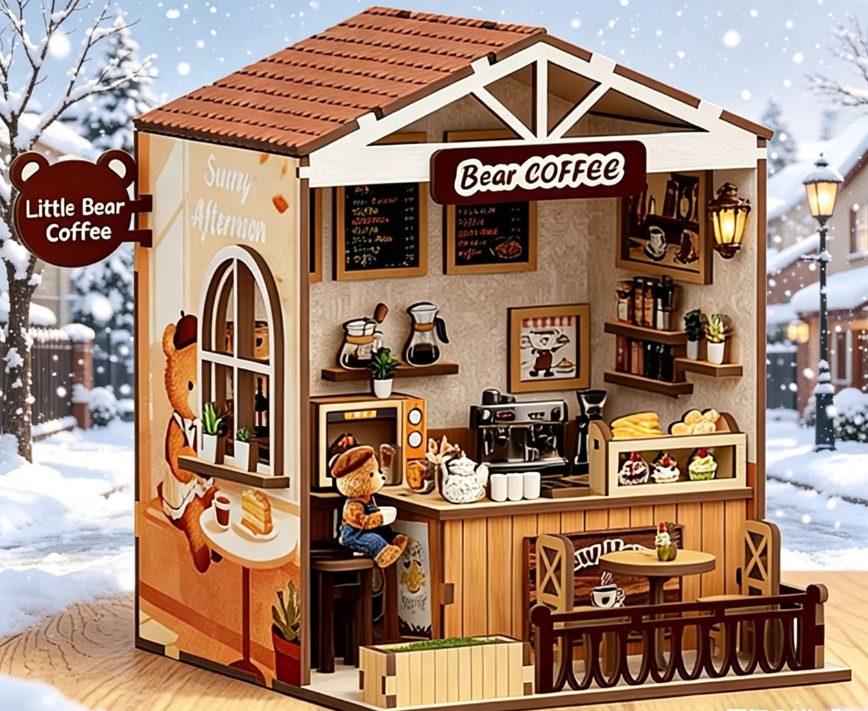 Home Decor Store - ミニベアーコーヒーショップDIYハウスパズル、木製組み立てコーヒーショップビルディング、手作りシーンモデル家の装飾クリエイティブギフト