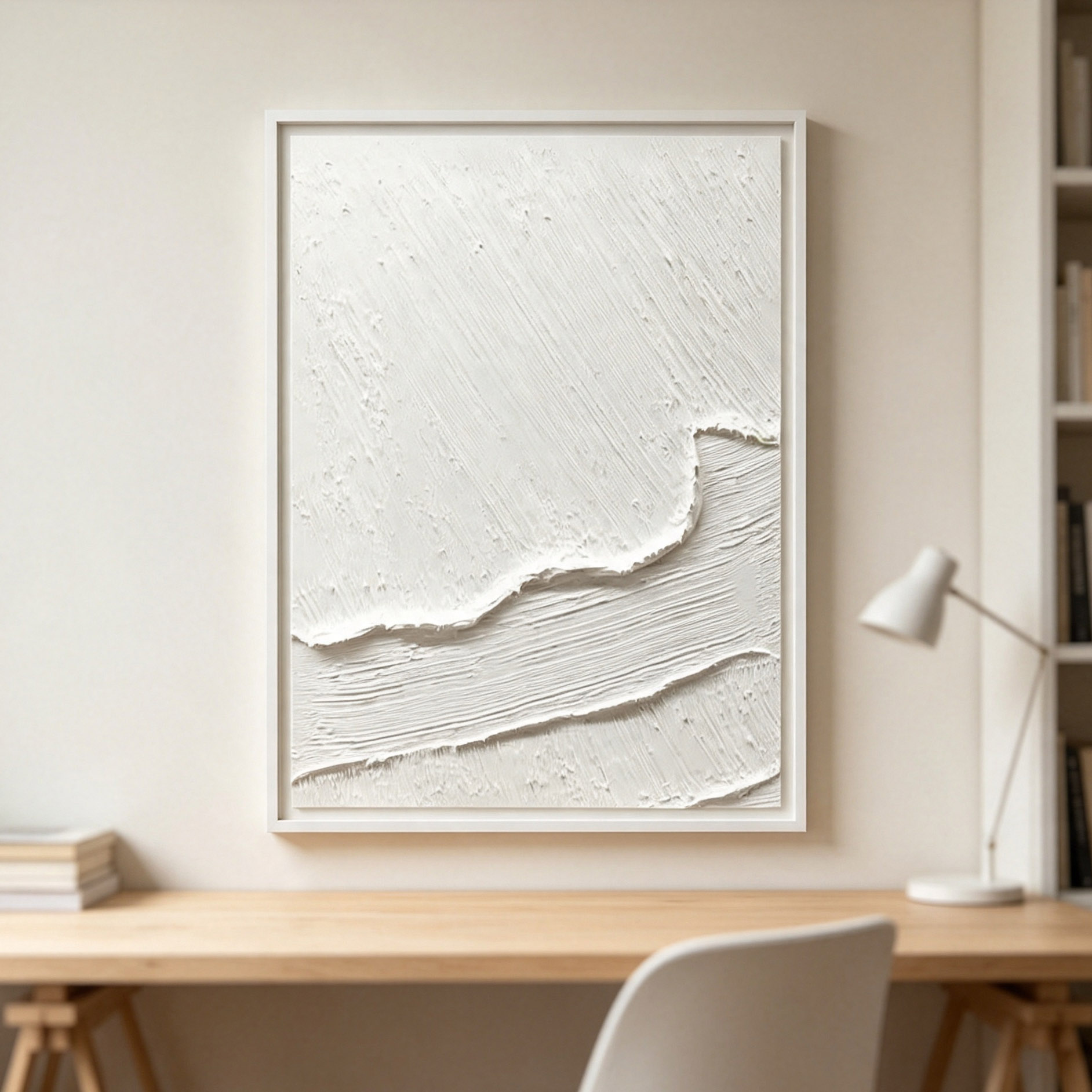 手描きの白い3D厚塗り抽象油絵 ミニマリストの波型キャンバス - Abstract Oil Painting のレビューと価格