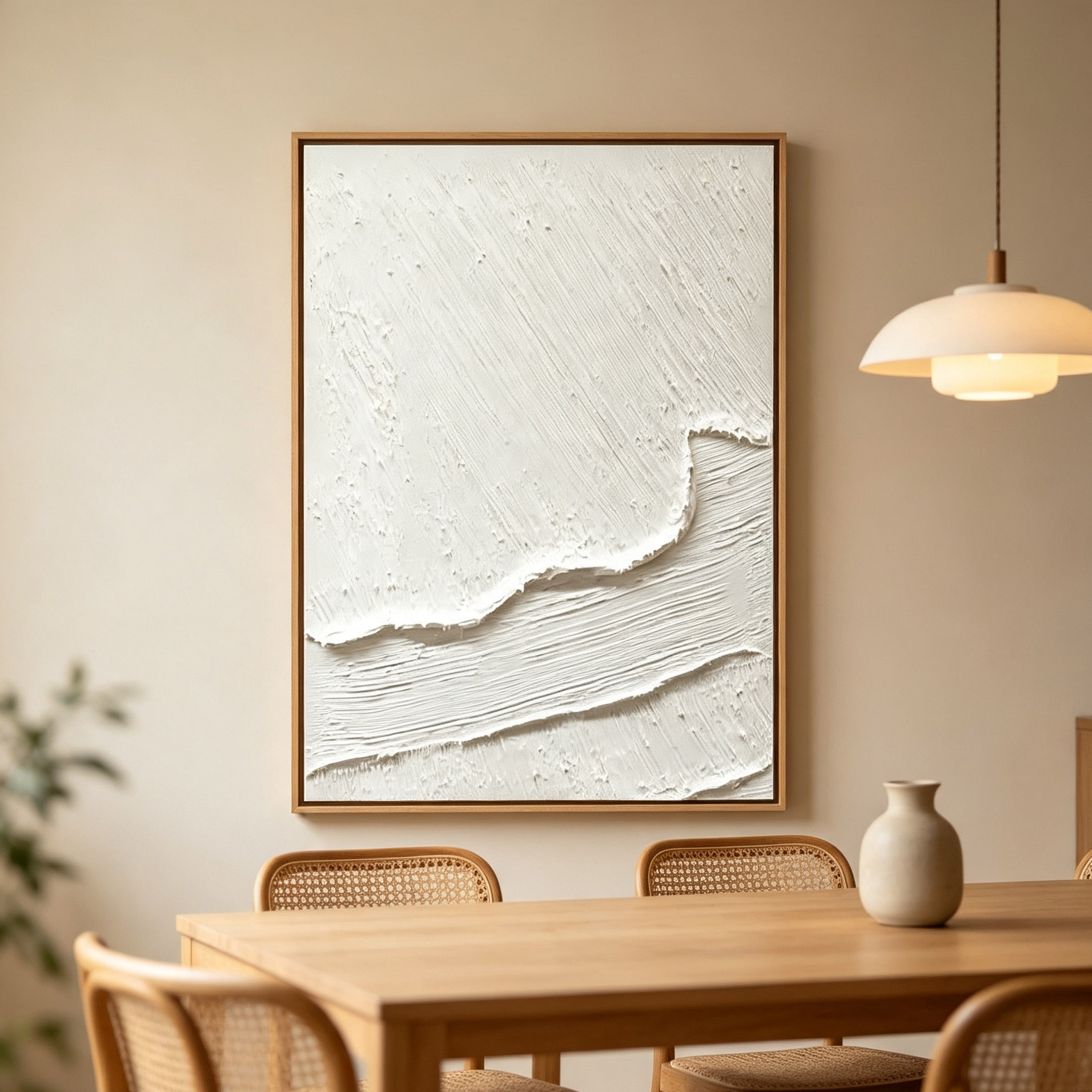 手描きの白い3D厚塗り抽象油絵 ミニマリストの波型キャンバス - Abstract Oil Painting のレビューと価格