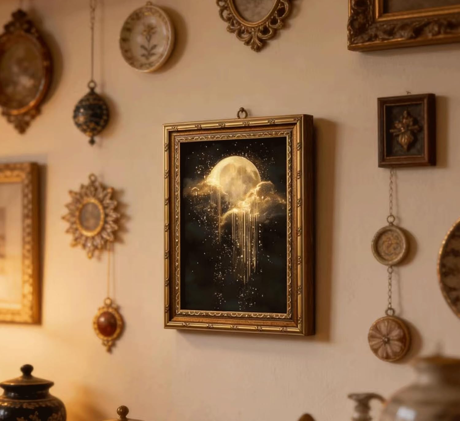 アンティークフレームの天体キャンバスウォールアート、金色の月 - Abstract Oil Painting のレビューと価格