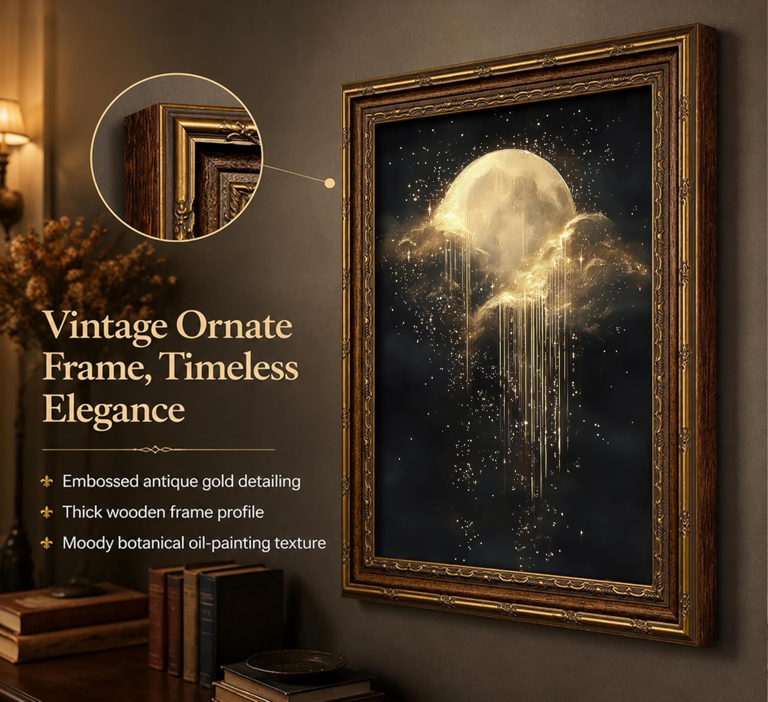 アンティークフレームの天体キャンバスウォールアート、金色の月 - Abstract Oil Painting のレビューと価格
