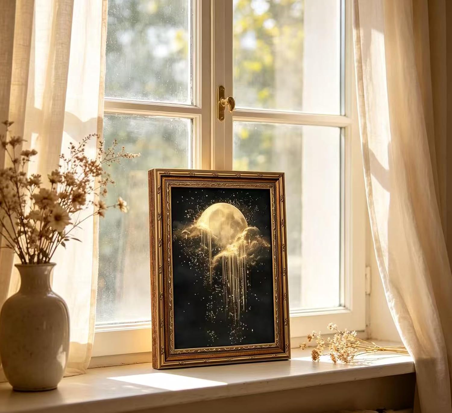 アンティークフレームの天体キャンバスウォールアート、金色の月 - Abstract Oil Painting のレビューと価格
