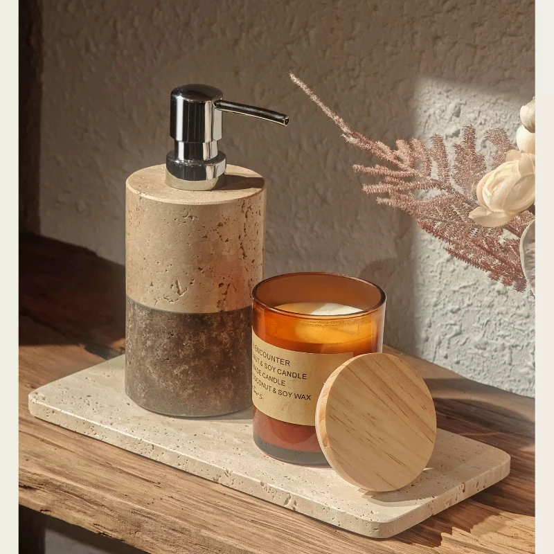 トラバーチン製バスルームローションディスペンサーセット、洗面 - Vanity Home Decor のレビューと価格