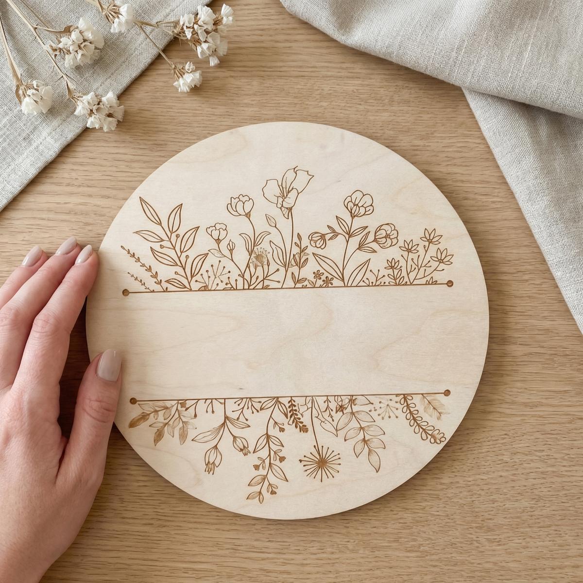 パーソナライズされた花柄の丸い木製ベビーネームプレート、新生 - Home Decor Names のレビューと価格