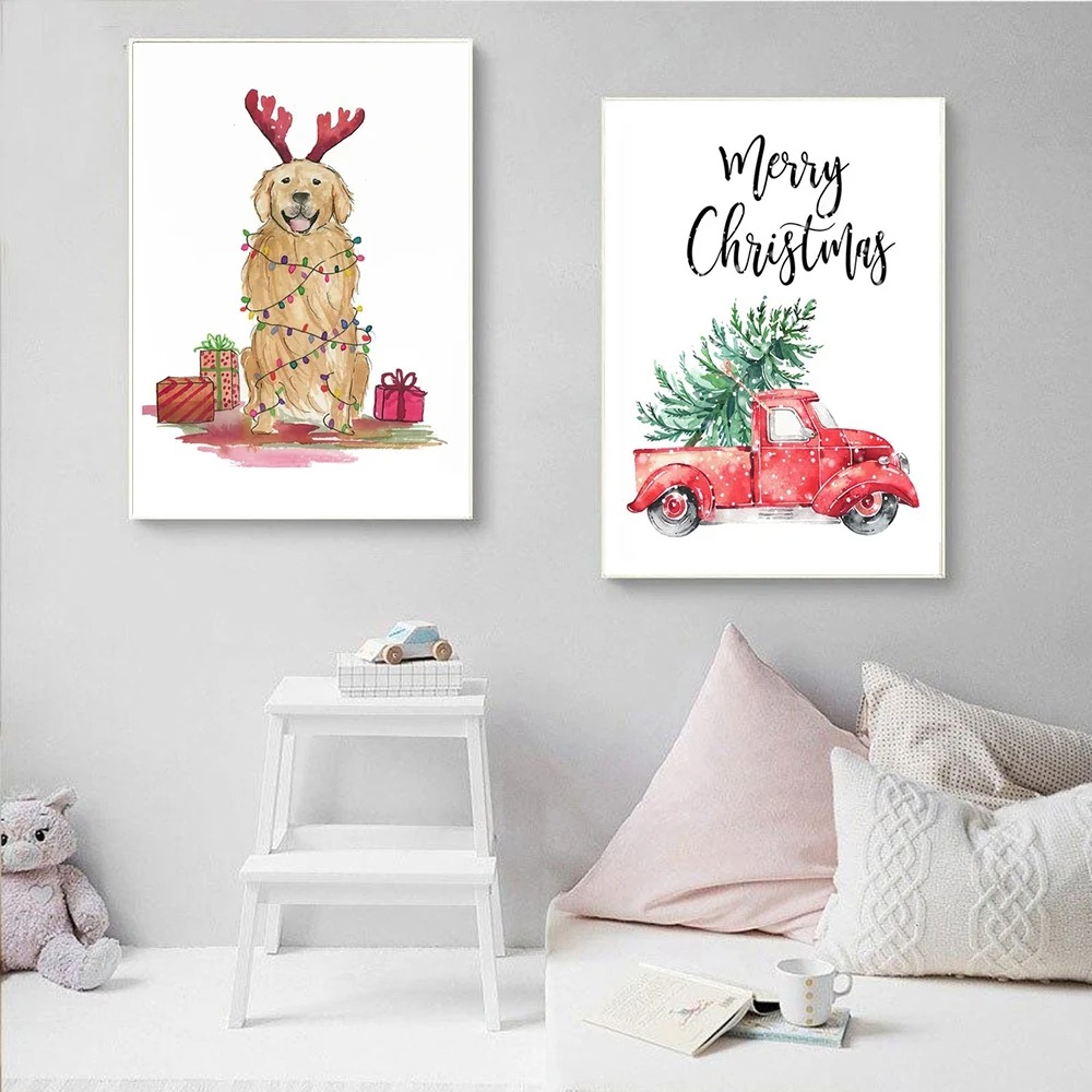 漫画クリスマスホリデーツリーソックス雪だるま車犬ウォールアー - Abstract Oil Painting のレビューと価格