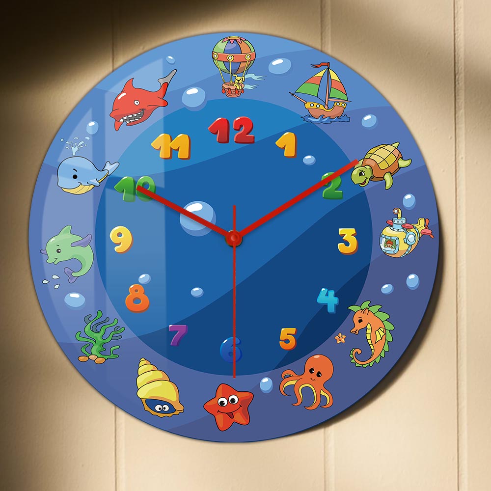 漫画の海の生き物柄の青い壁掛け時計、子供部屋、海の生き物、オ - Home Decor Under 300 のレビューと価格