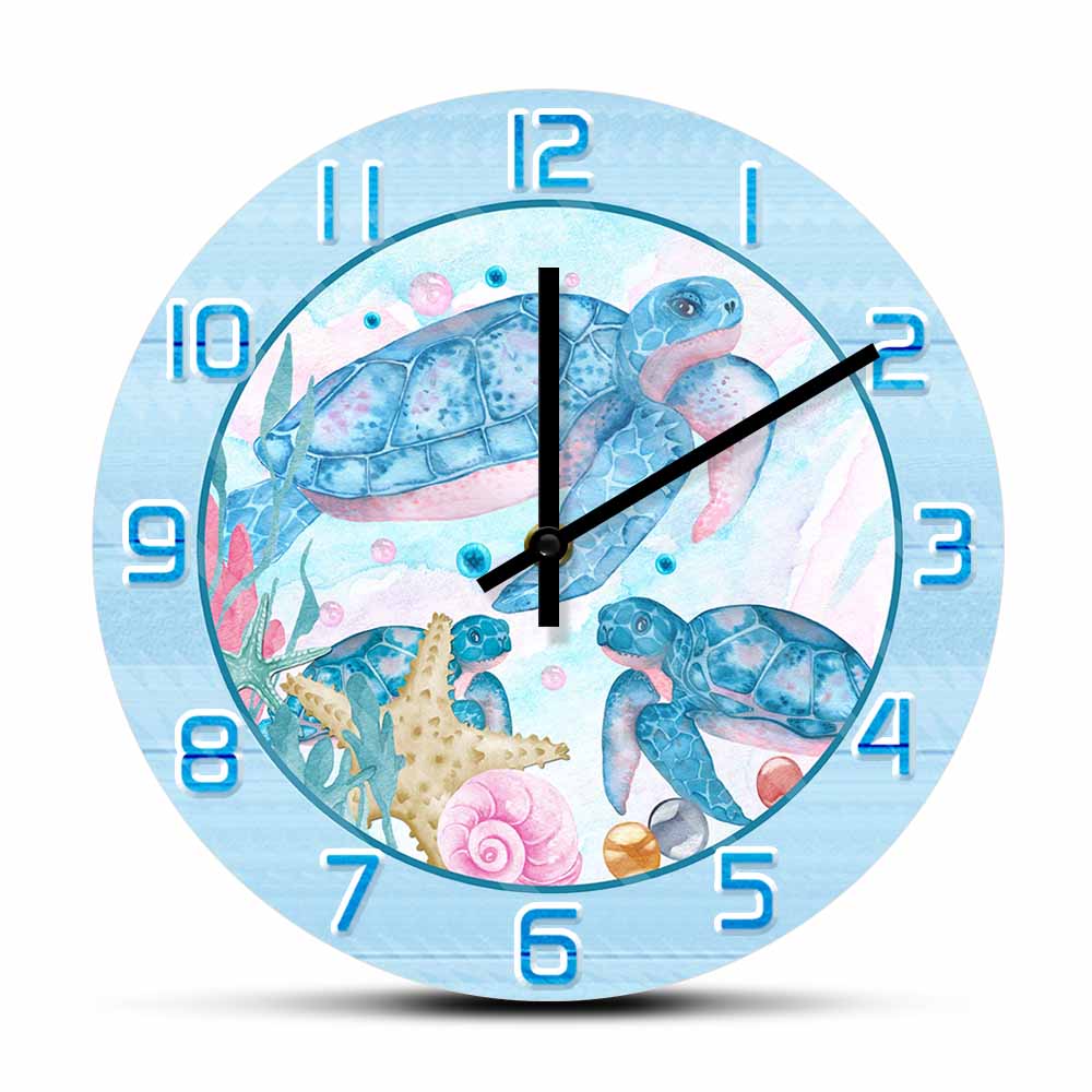 水彩画の海のカメ柄プリント壁掛け時計 子供部屋 海の下 海洋 - Home Decor Under 300 のレビューと価格
