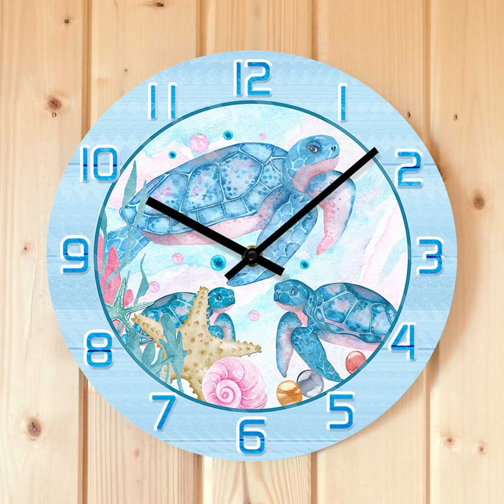 水彩画の海のカメ柄プリント壁掛け時計 子供部屋 海の下 海洋 - Home Decor Under 300 のレビューと価格