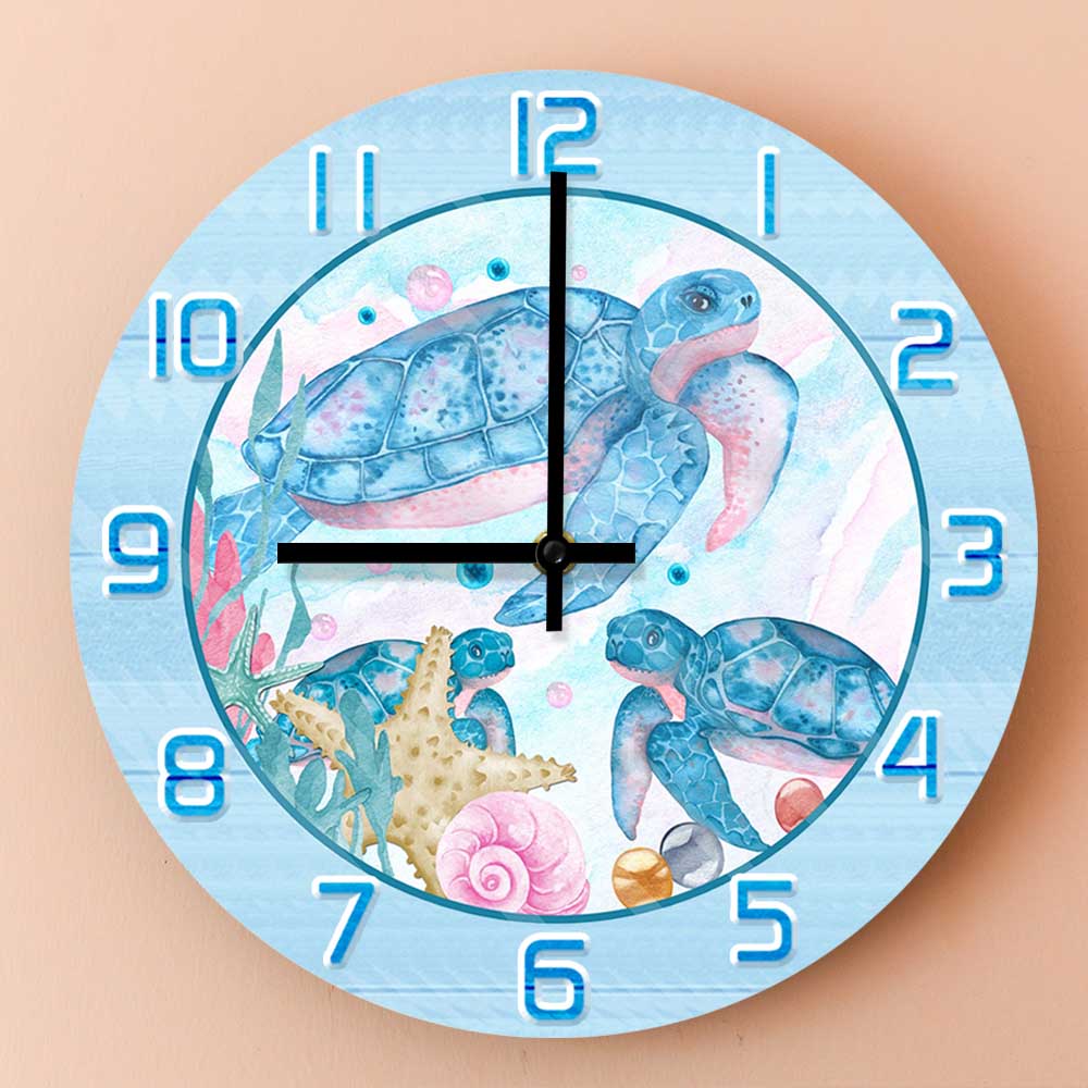 水彩画の海のカメ柄プリント壁掛け時計 子供部屋 海の下 海洋 - Home Decor Under 300 のレビューと価格