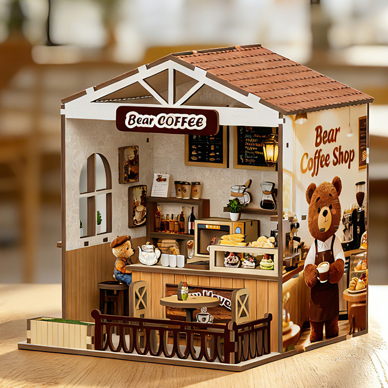 ミニベアーコーヒーショップDIYハウスパズル、木製組み立てコ - Home Decor Store のレビューと価格