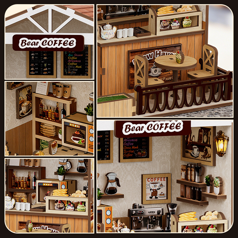ミニベアーコーヒーショップDIYハウスパズル、木製組み立てコ - Home Decor Store のレビューと価格